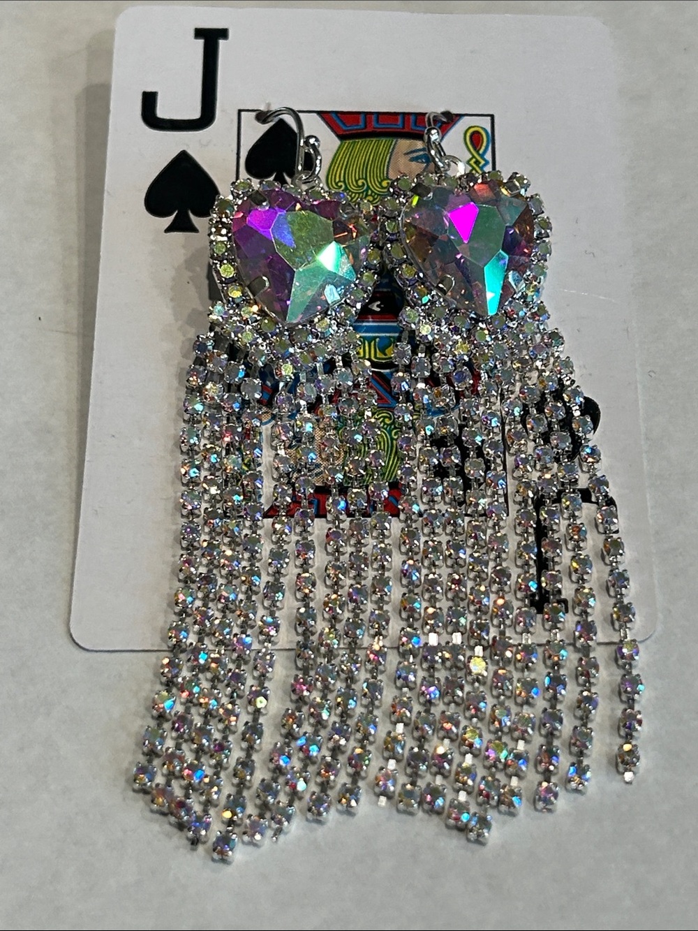 New AB Crystal Gem Stone Heart Fringe Drop Earrings Iridescent Silver pierced